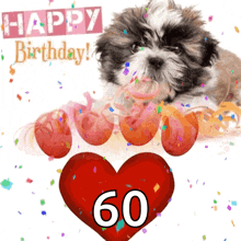 a happy birthday card with a puppy and a heart