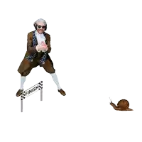 a man in a suit jumps over a finish line sign