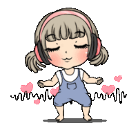 a girl wearing headphones and overalls is dancing