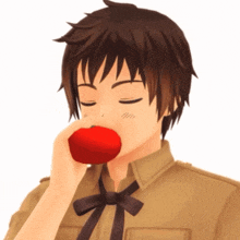 a cartoon character is eating a red apple