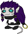 a cartoon cat with purple hair and blue eyes is sitting down .