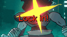 a cartoon of a man with the words lock in on the bottom