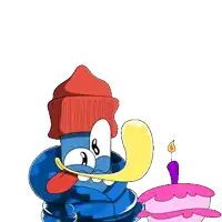 a cartoon character wearing a red beanie is holding a pink cake