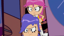 two cartoon characters with purple hair and pink hair