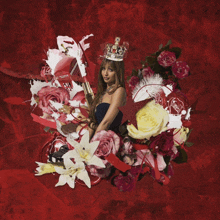 a woman with a crown on her head is surrounded by roses