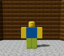 a roblox character is standing in front of a brick wall and smiling