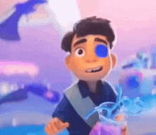 a cartoon character with a blue eye is holding a purple object .