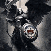 a grim reaper holding a scythe and a shield with the u.s. government on it