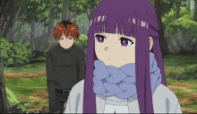 a girl with purple hair and purple eyes stands next to a man