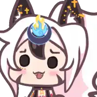 a cartoon drawing of a cat with a flame on her head