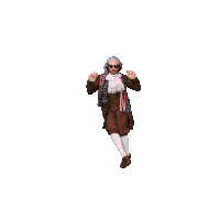 a man in a historical costume is jumping in the air while wearing headphones