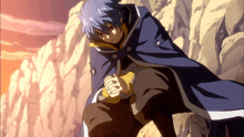a cartoon character with blue hair and a blue cape