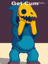 a cartoon character in a blue hoodie with the words get cum pollo.ai on the bottom