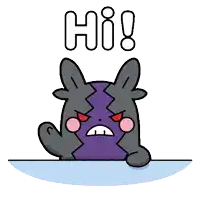 a cartoon drawing of a purple rabbit with the word hi above it