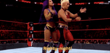 a woman in a wrestling ring with the words nighty-night on the bottom