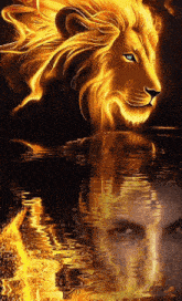 a painting of a lion and a man reflected in the water
