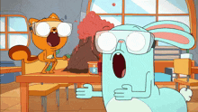 a cartoon of a cat and a rabbit wearing goggles