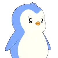 a blue and white penguin with a yellow beak is standing on a white background