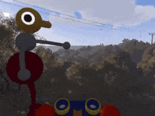 a cartoon character is standing in a forest with a remote control