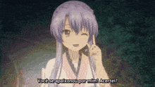 a girl with purple hair is speaking in a foreign language