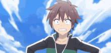 a cartoon character is making a funny face while standing in front of a blue sky