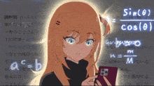 a girl is holding a cell phone in front of a screen that says sin ( cos )