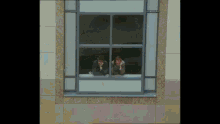 a man and a woman looking out of a window with their hands on their faces