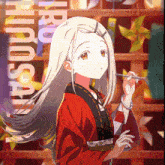 a girl with long white hair is holding a chopstick in front of a sign that says hirosh