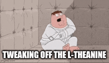 a cartoon of peter griffin in a straight jacket sitting in a corner .