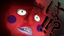 a drawing of a red face with white eyes and purple lips with the words " what " and " why " around it