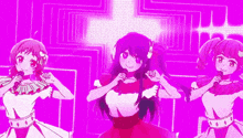 three anime girls singing into microphones on a purple background .