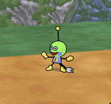 a pixel art drawing of a green robot with a yellow antenna