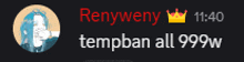a screenshot of renyweny 's tempban all 999w