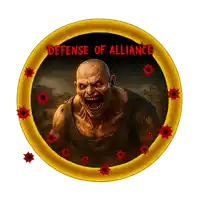 a defense of alliance logo with bullet holes around a zombie