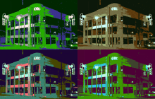 four different colored images of a building with the letters coc on it