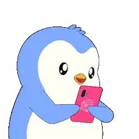 a cartoon penguin is taking a selfie with a pink phone