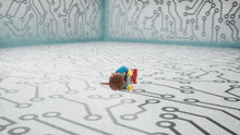 a lego figure is laying on the floor with a sticker on his shirt that says black