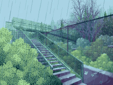 a pixel art of a staircase going up a hill in the rain