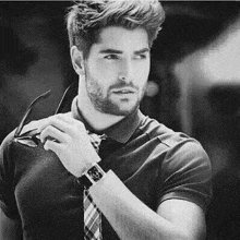 a man with a beard is wearing a polo shirt and tie and holding a pair of sunglasses .