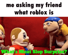 two stuffed animals are sitting on a red couch with the words " me asking my friend what roblox is " on the top