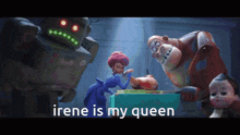 a cartoon scene with the words irene is my queen on it