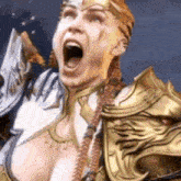 a woman in armor is screaming with her mouth open and holding a sword .