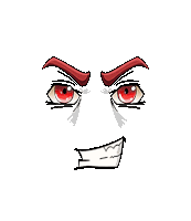 a cartoon face with red eyes and a smile on it