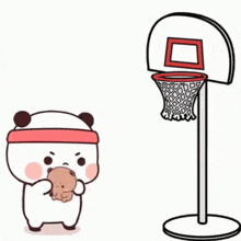 a panda bear is standing next to a basketball hoop and a small bear is sitting next to it .