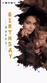 a woman in a witch hat is holding a cat with the words birthday happy maki written on the bottom