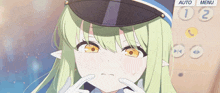 a girl with green hair is wearing a hat with the numbers 1 and 2 visible