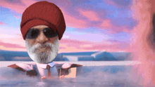 a man with a beard wearing a red hat and tie