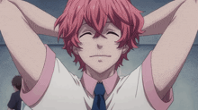 a boy with pink hair has his hands behind his head and his eyes closed