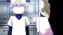 a cartoon character with a white shirt and blue turtleneck is making a funny face