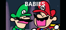 two cartoon characters are standing next to each other with the words babies above them